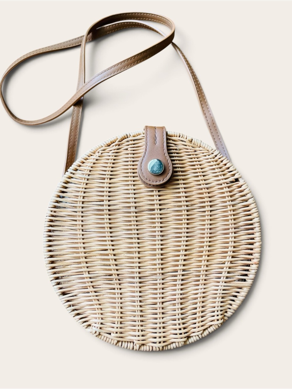 Zara Round Woven Crossbody Bag in Natural and Tan